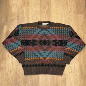 Vintage London Fog Aztec Geometric Grandpa Multicolor Sweater Wool Mens XL